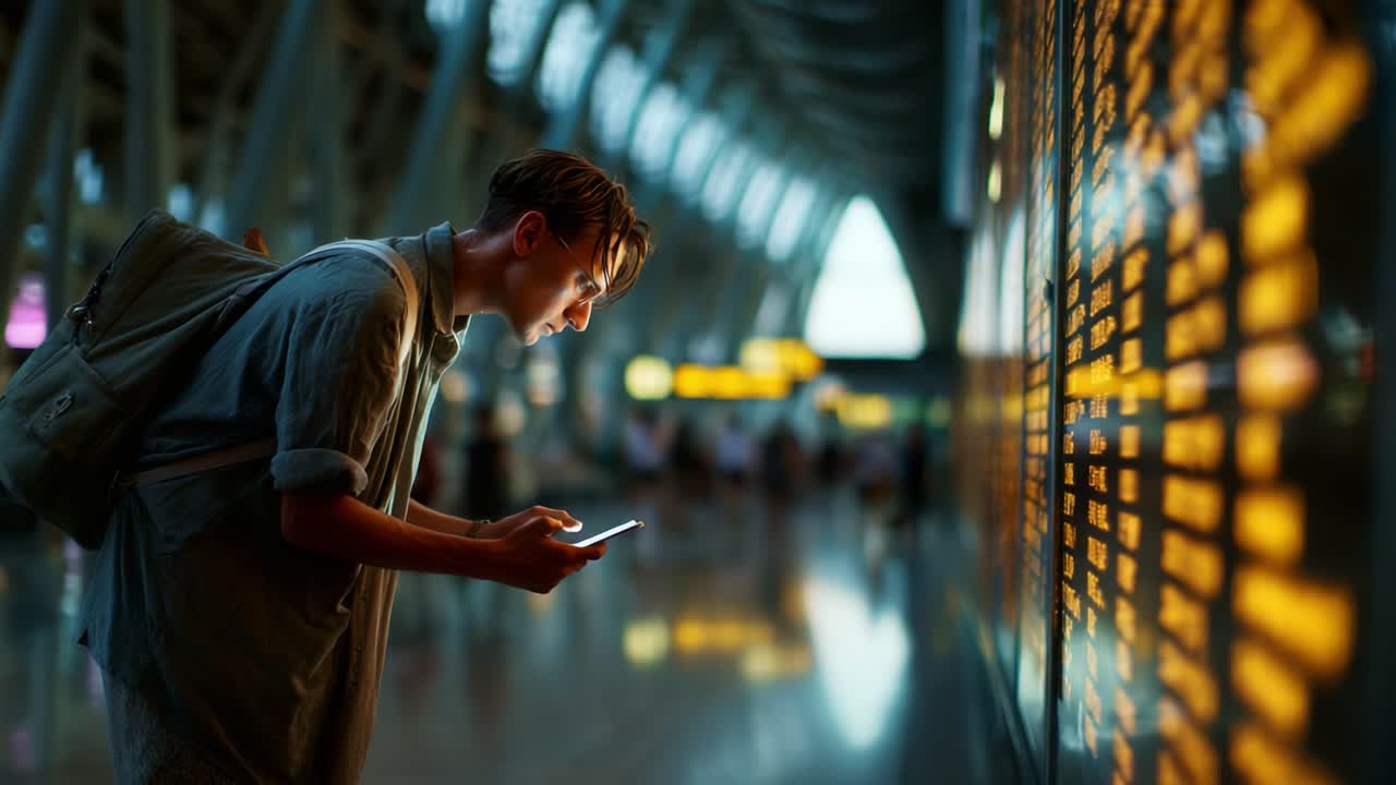 A Traveler's Anticipation: Engrossed in Flight Information at an Airport Terminal, a Young Adult Studies Departure and Arrival Details on a Digital Board
