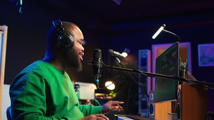 Musician singing his new melody creation on microphone