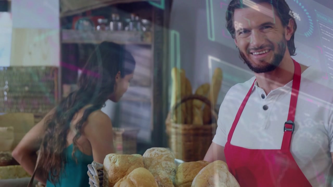 Padeiro segurando cesta mostrando pães, reagindo a cliente pegando e comprando, com sobreposições de luz.