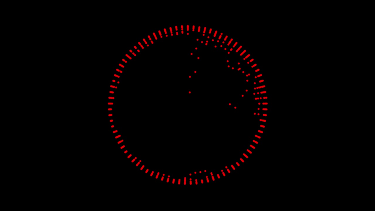 A circle formed by red dots animates with a glitch and particle effect on a black background. Futuristic loading screen or audio visualization concept. Seamless loop with central copy space