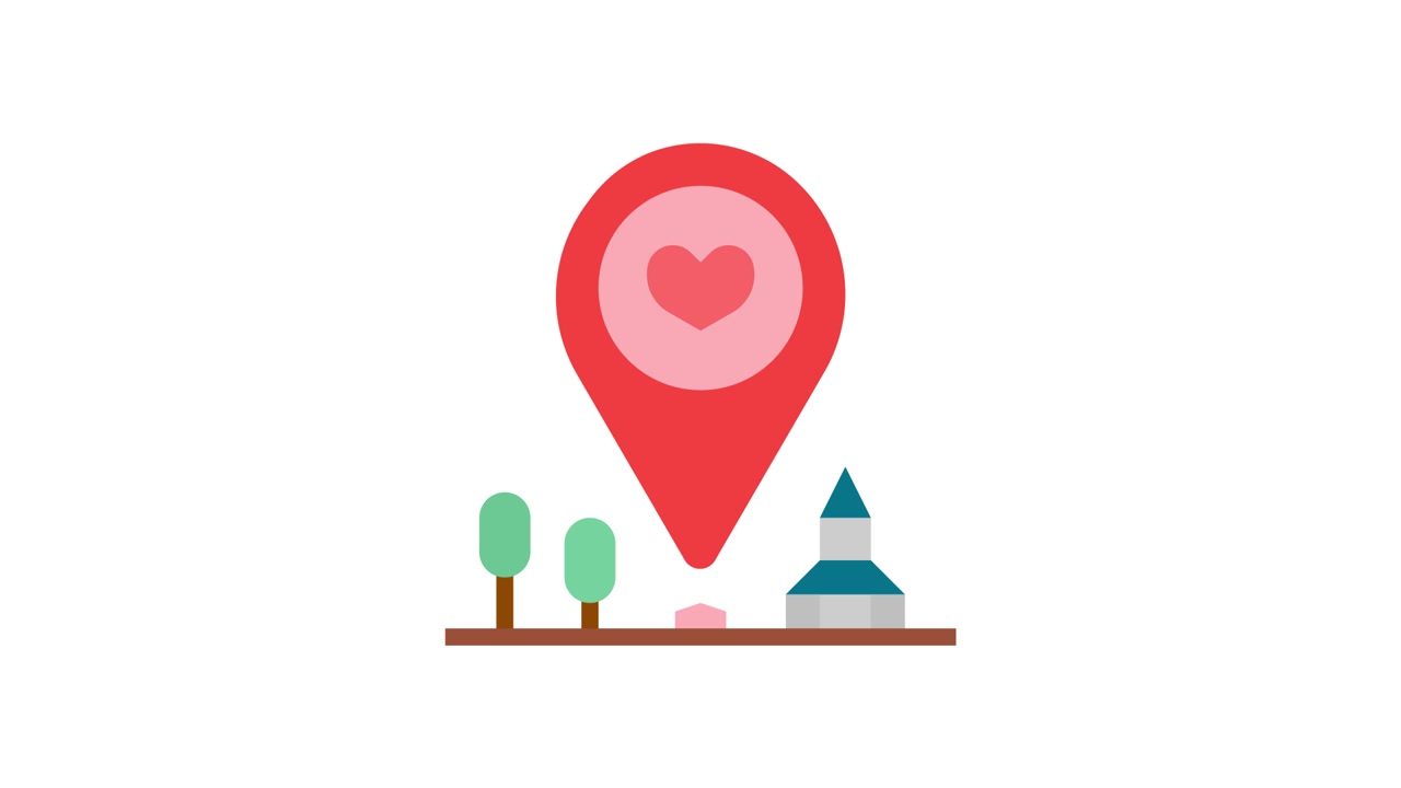 Animated Location Pin with Heart Over a Rural Landscape