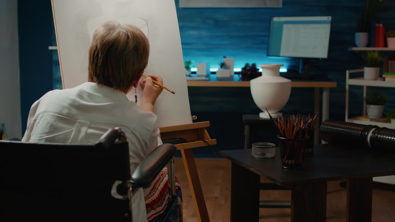 Old artist with chronic impairment using pencils to draw vase