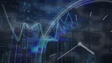 animation of financial data processing over clock and world map