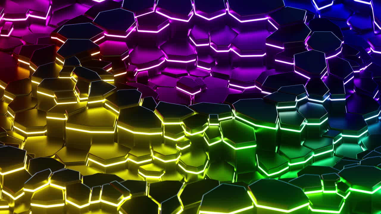 Motivo esagonale colorato con onde in movimento a bagliore neon. Animazione in loop.