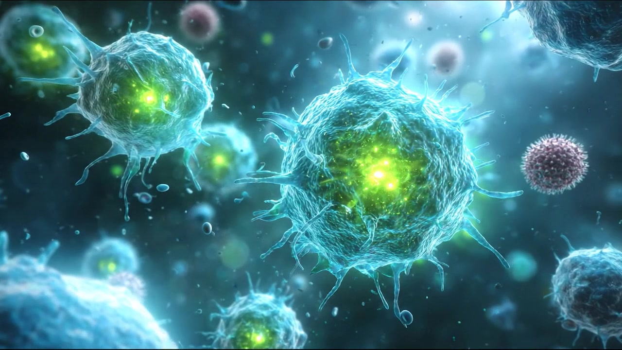Cellule microscopiche blu e verdi che galleggiano in un ambiente biologico energetico