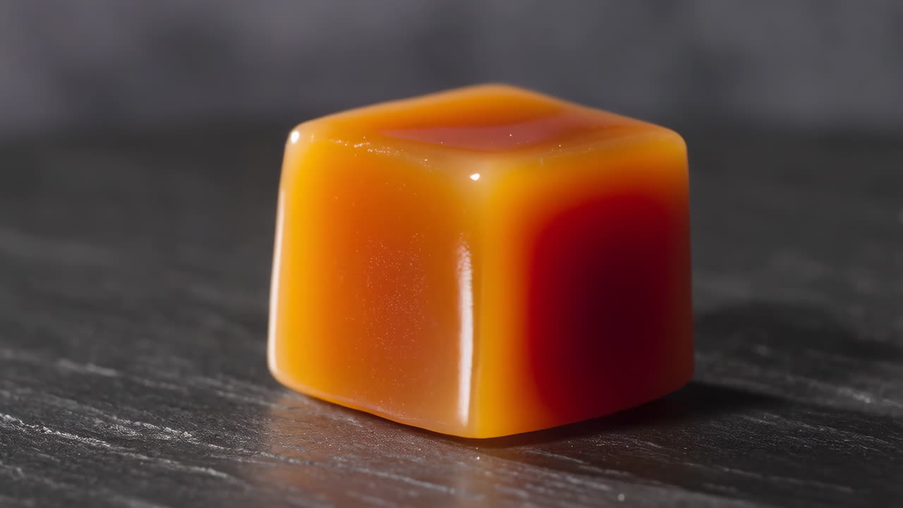 A single piece of glossy caramel candy on a dark surface