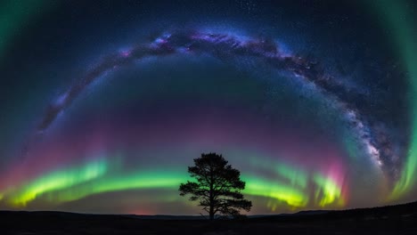 vibrant aurora borealis arcs over a silhouetted tree