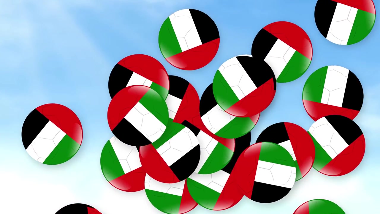 Badge circolari con i colori delle bandiere nazionali cadono attraverso un cielo azzurro brillante con nuvole soffici