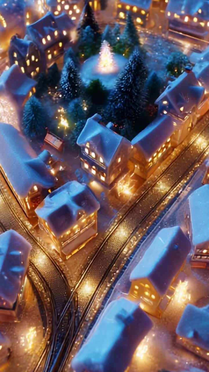 A Stunning Aerial View of a Beautifully Decorated Winter Wonderland Village, Featuring Charming Snow-Covered Houses, Twinkling Lights, and a Festive Christmas Tree in the Center of the Scene