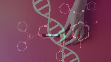 animation of chemical structures and dna strand over hand with test tube