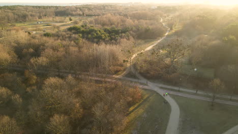 Menschen-Trainieren-Joggen-Und-Laufen-Auf-Dem-Weg-Eines-Wunderschönen-Parks-Mit-Sonneneruption,-Herbst