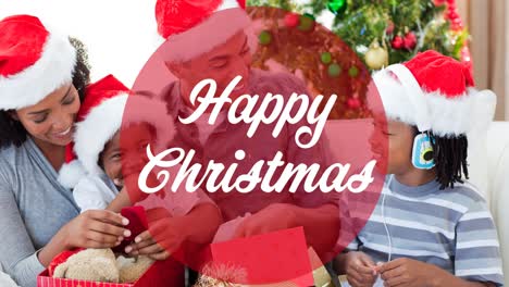 animation of happy christmas in circle over african american family in santa hats opening presents