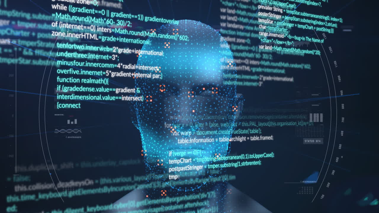 animación de la cabeza digital y procesamiento de datos sobre fondo azul