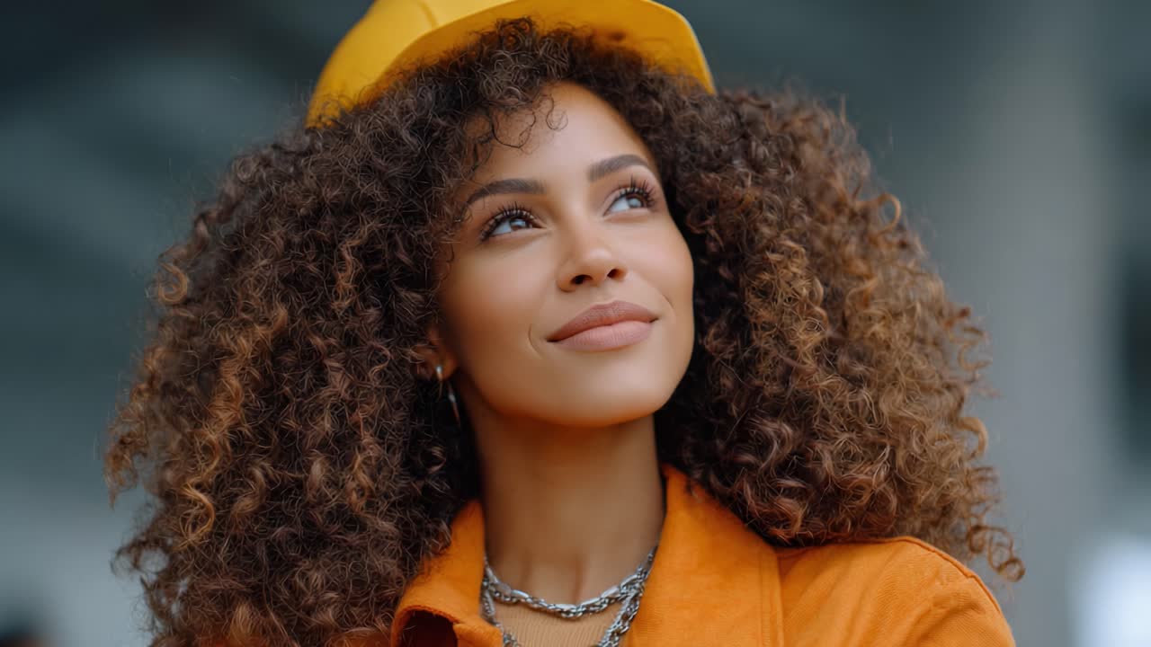A Confident Woman with Curly Hair and Yellow Hat, Displaying Strength and Optimism Under Natural Light, Showcases a Joyful and Inspiring Attitude in Everyday Life
