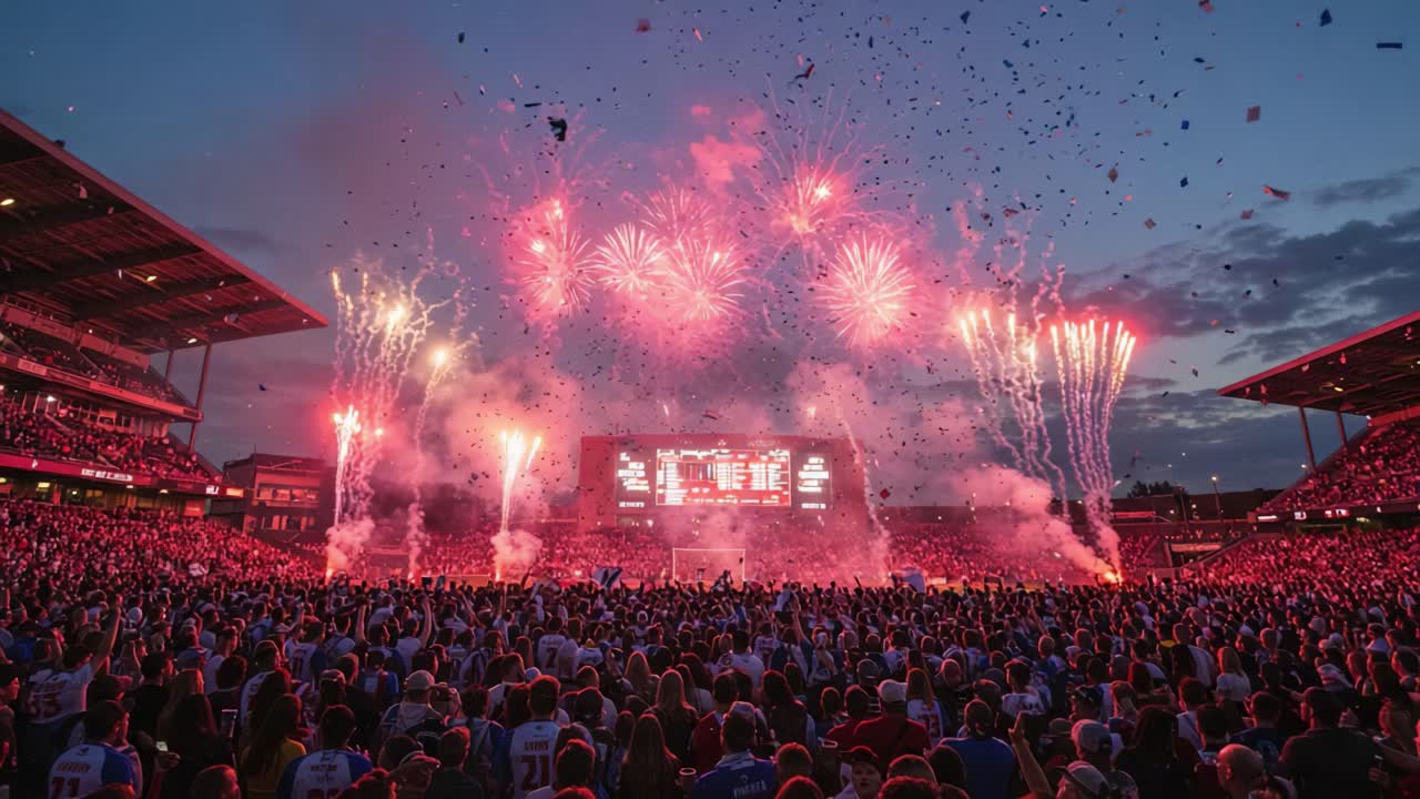 Vibrant Celebration Under a Twilight Sky: A Captivating Display of Fireworks and Enthusiastic Crowd Energy at a Major Event