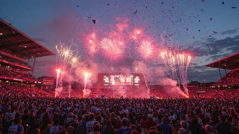 vibrant celebration under a twilight sky: a captivating display of fireworks and enthusiastic crowd energy at a major event