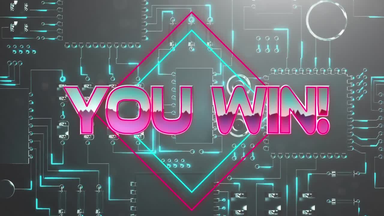 당신은 검은색 배경에 마이크로프로세서 연결의 클로즈업에 네온 사각형에 텍스트를 승리
