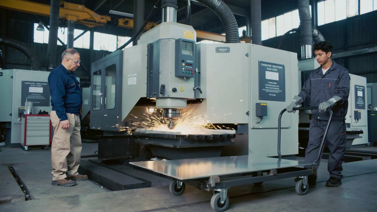 Atölyede kesim için sac levhayı CNC altına kaydıran, tulumlu operatör kontrol paneline basıyor.