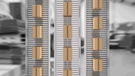 animación de cajas de cartón que se mueven en cintas transportadoras sobre el almacén