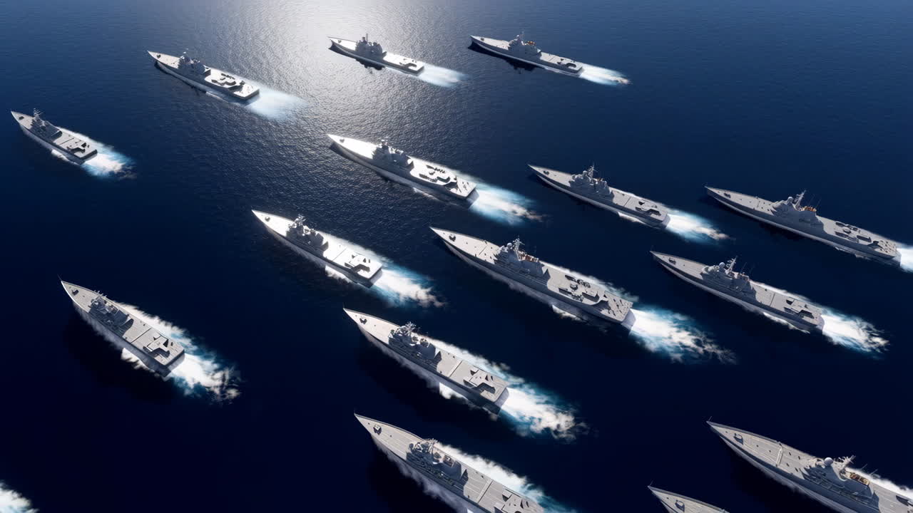 Large Naval Fleet of Warships Sailing in Formation on the Ocean