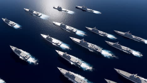 large naval fleet of warships sailing in formation on the ocean