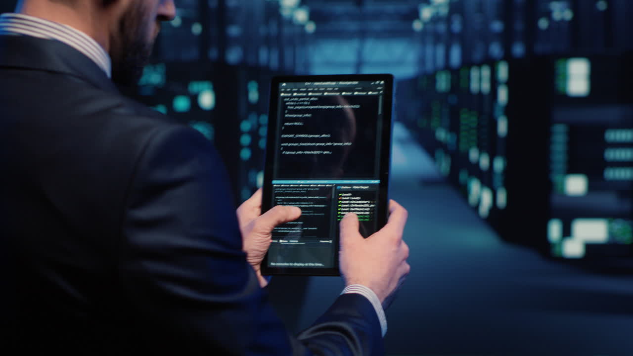 Support specialist checking server computers on tablet
