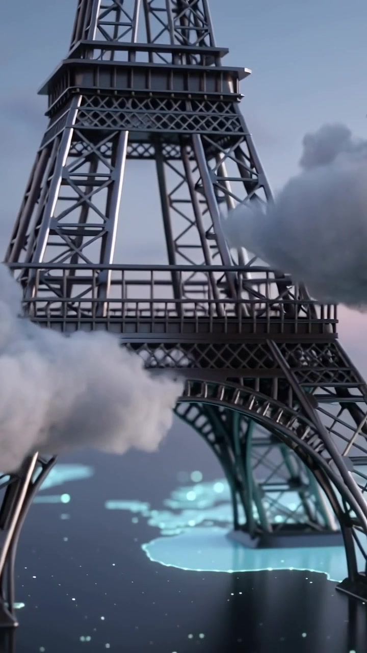 Video verticale: La telecamera si allontana rivelando la Torre Eiffel su un piano con una mappa ciano, aggiungendo profondità.