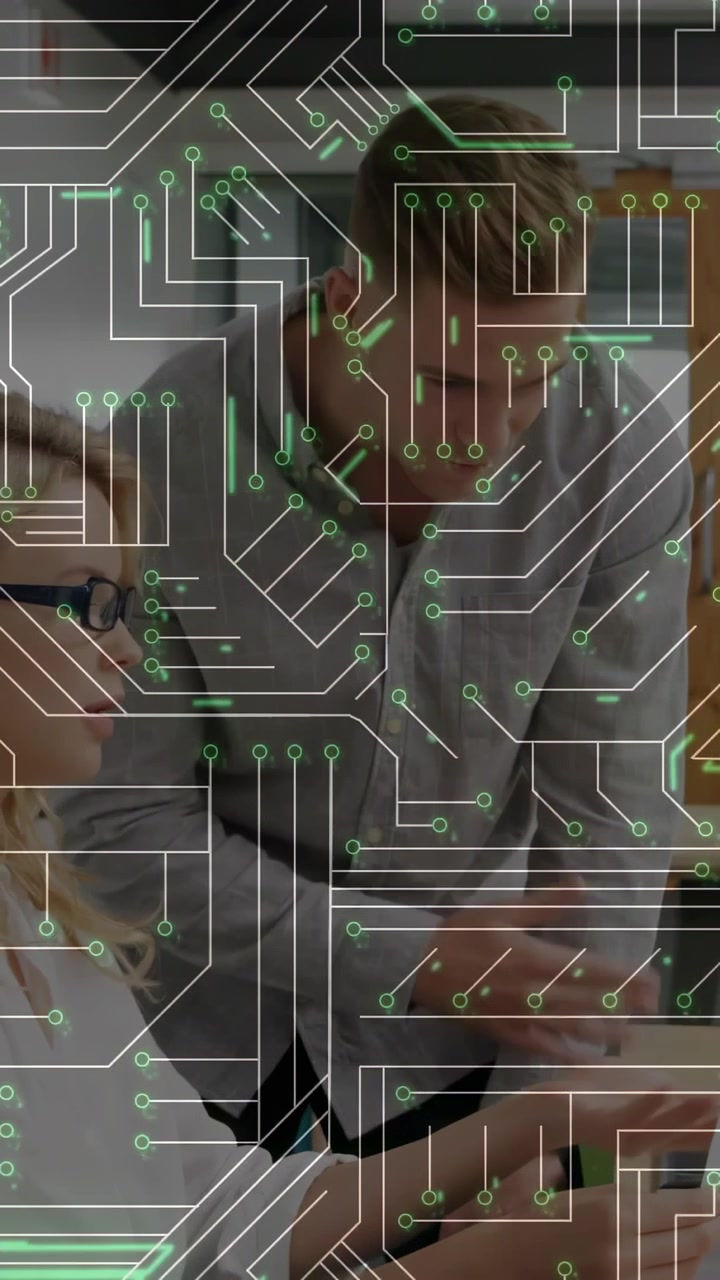 Seated woman tapping phone, man leaning peering at device, inspecting content under circuit overlay
