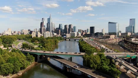 lento descenso drone aéreo toma de la ciudad de filadelfia horizonte con schuylkill autopista y río en una brillante tarde soleada de verano