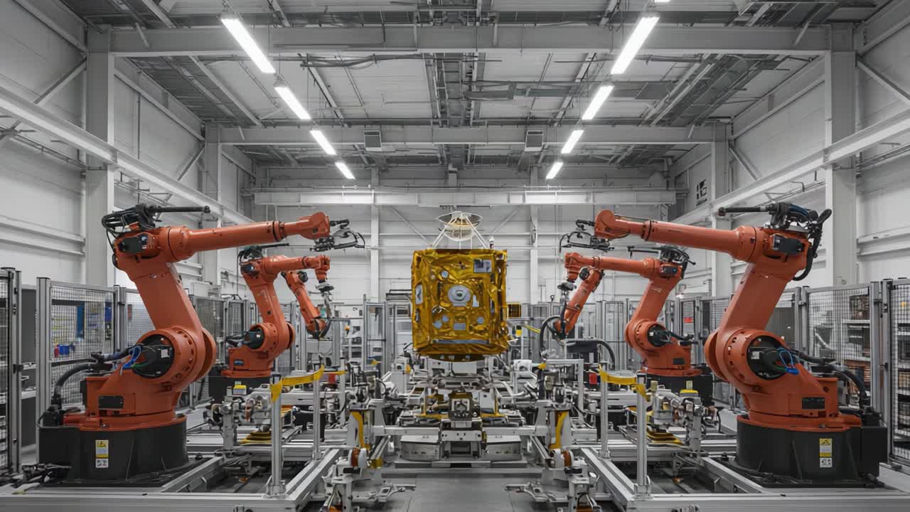 Automated Robotic Arms in a High-Tech Factory Setting Efficiently Working on a Large Yellow Object Demonstrating Advanced Manufacturing Techniques