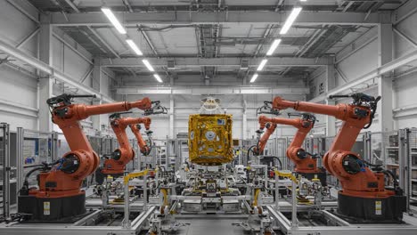 automated robotic arms in a high-tech factory setting efficiently working on a large yellow object demonstrating advanced manufacturing techniques
