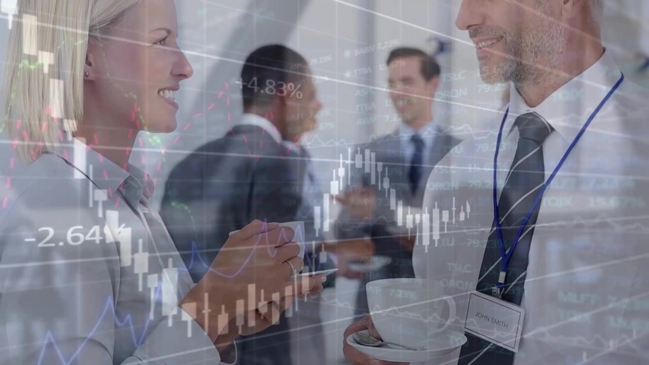 Animation of financial graphs over caucasian businesspeople drinking coffee during meeting