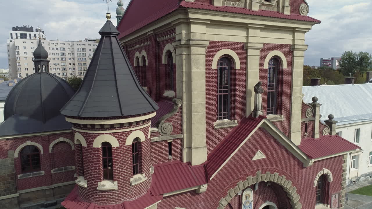 Aerial View of a Red Brick Church