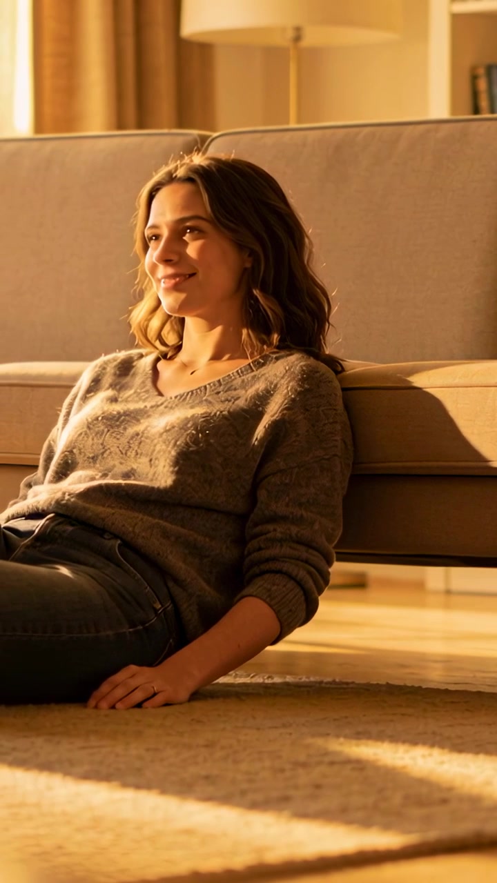 Vídeo vertical: Mulher virando-se com suéter de tricô, jeans, apoiada no sofá, sorrindo em direção à luz do sol.