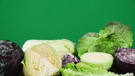 different types of fresh cabbage are rotating slowly.