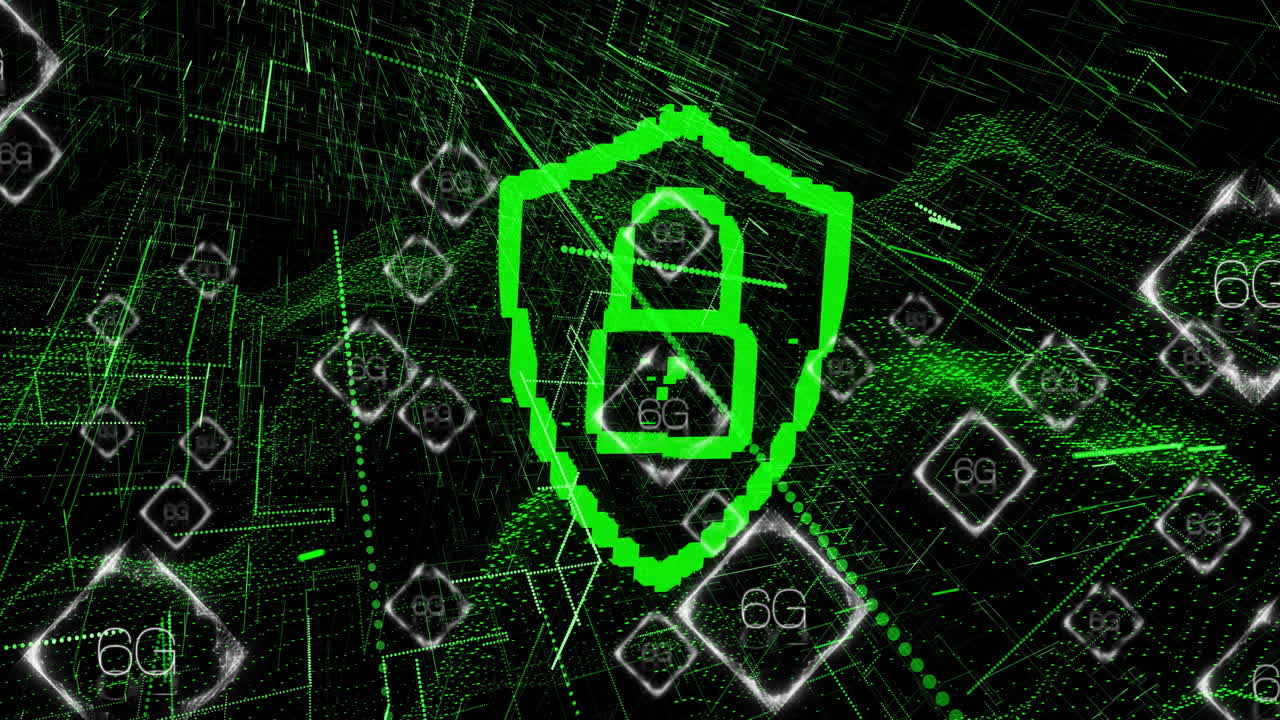 animación del procesamiento de datos digitales y texto 6g con icono de candado