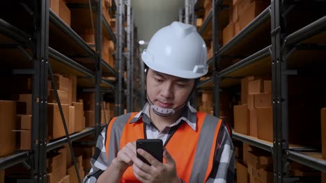 trabajador de almacén comprobando el inventario en su teléfono inteligente