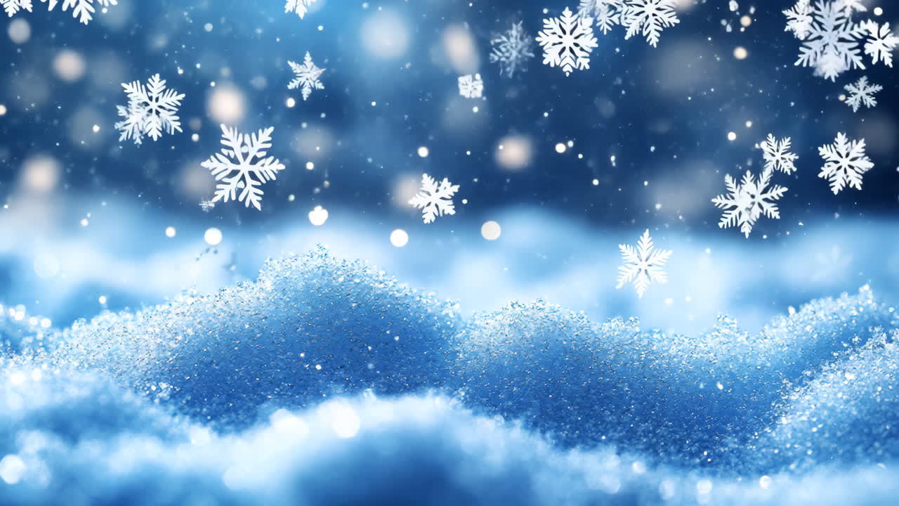 A snowy landscape with a blue sky. The snow is falling and the sky is clear