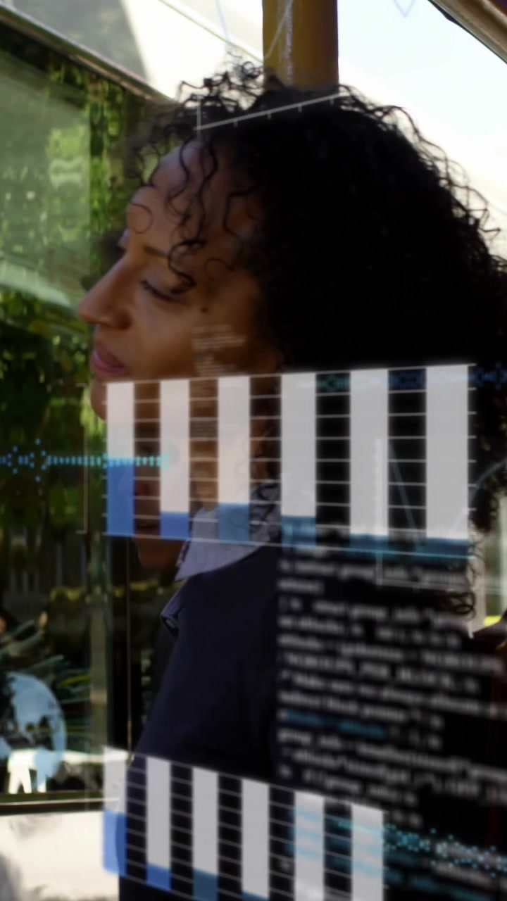 Animation of graphs, globes and computer language, diverse friends talking at bus stop