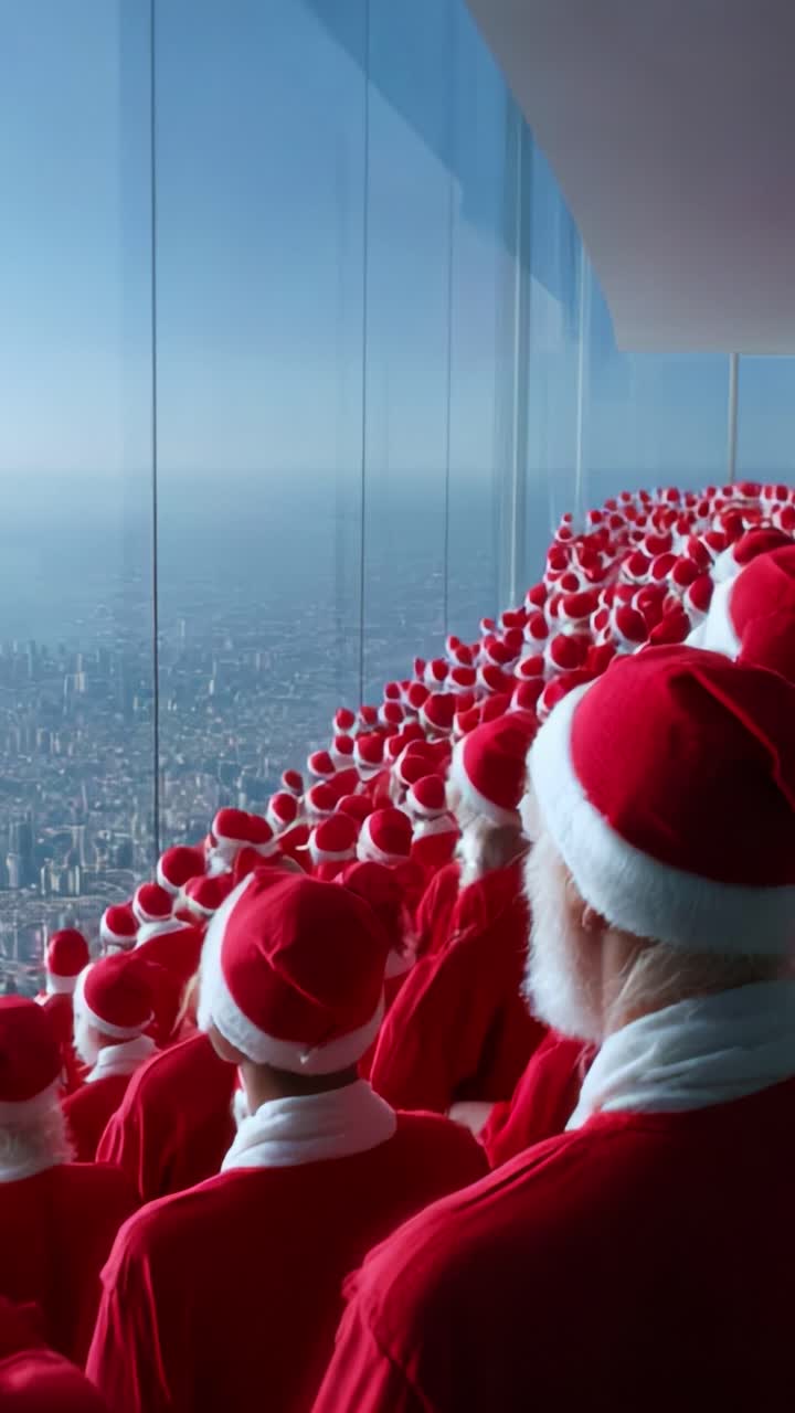 A Sea of Santa Clauses: An Eye-Catching Spectacle with Numerous Holiday Figures Admiring a Breathtaking View from a High-rise Location, Celebrating the Festive Spirit in Unique Unison