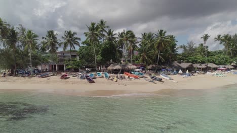 Slide-Aerial-Shot-of-Las-Terrenas-Beach-Seashore,-Dominican-Republic