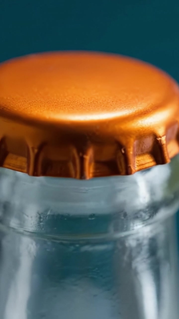 Primo piano di una bottiglia di bevanda con un tappo metallico arancione, che mostra dettagli e texture intricati su uno sfondo sfocato e morbido per un impatto visivo.