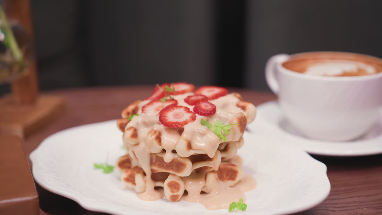 Stack of creamy waffles topped with strawberry slices and garnished with herbs placed beside white cup of latte on brown wooden table near brown book in elegant indoor setting