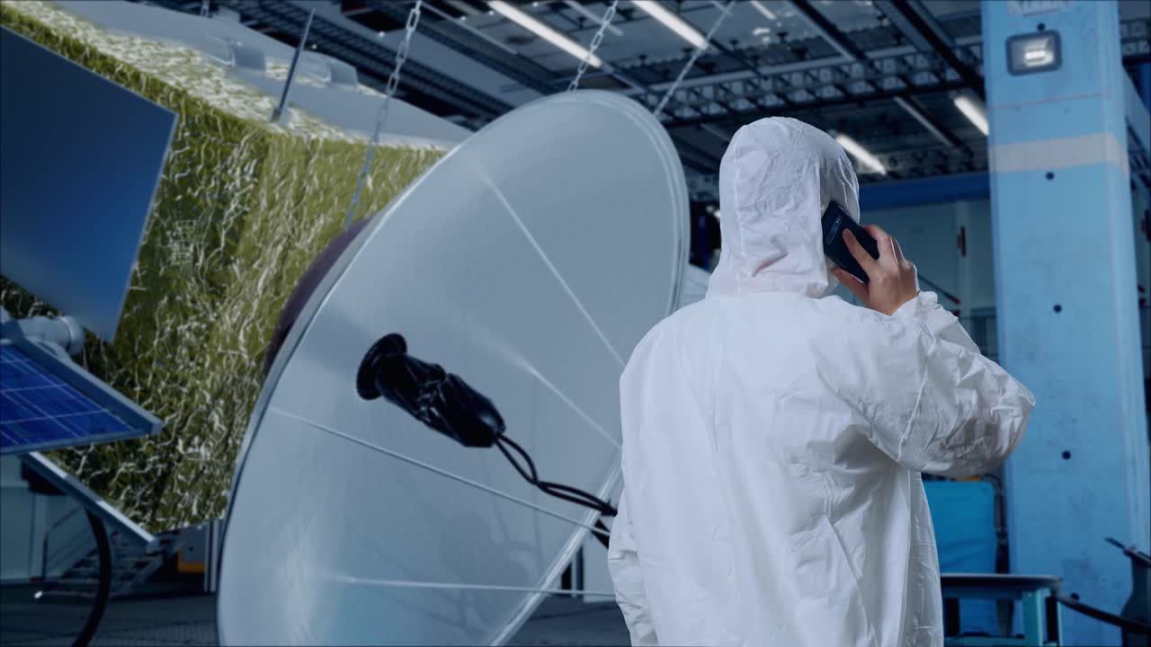 vista trasera de un científico masculino asiático hablando en un teléfono inteligente mientras está de pie con la construcción de una nave espacial