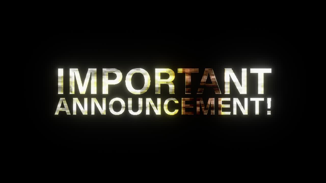 4K 3D Important Announcement gold glitch text effect element loop animation on Black background. Advertising sign. 3D rendering seamless looping illustration. Advertising Banner. Kinetic Typography.