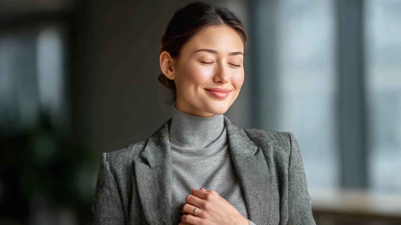 A Confident Businesswoman Enjoying a Moment of Serenity and Reflection in a Modern Office Environment, Emphasizing Poise and Professionalism