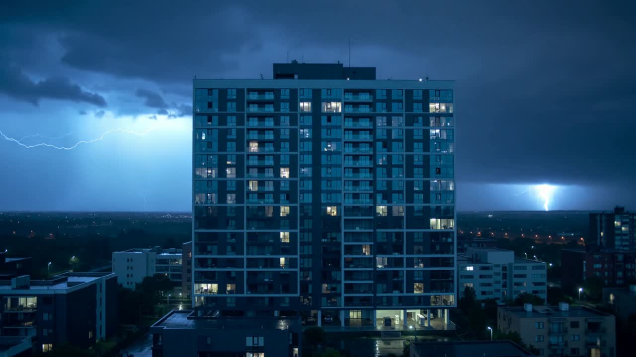 Relámpagos centelleantes golpeando el horizonte de noche durante una tormenta, iluminando las ventanas de una torre residencial.