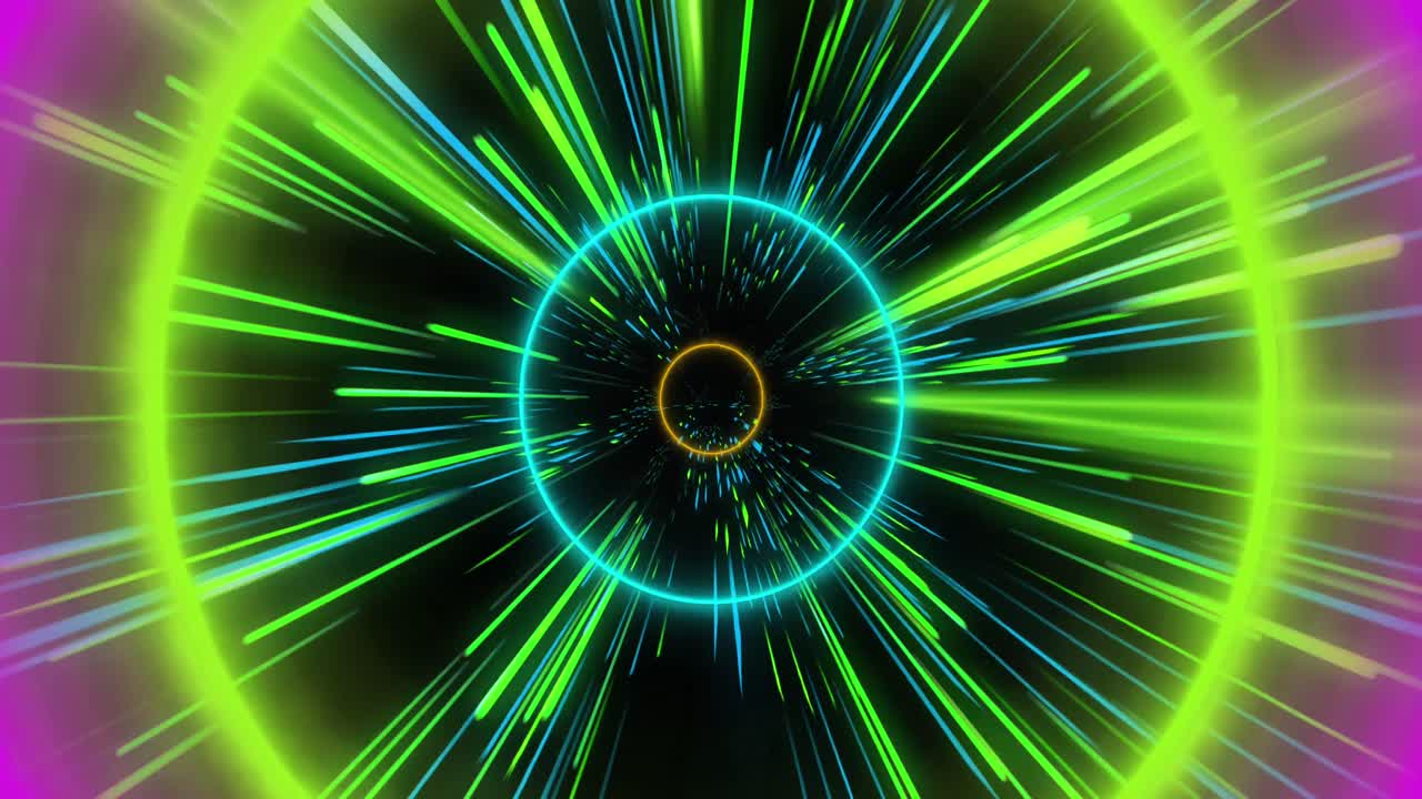 animación de coloridos rastros de luz de neón y círculos sobre fondo negro