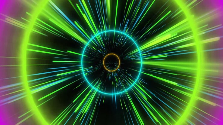 Animation of colourful neon light trails and circles over black background
