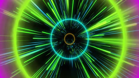 Animation-of-colourful-neon-light-trails-and-circles-over-black-background